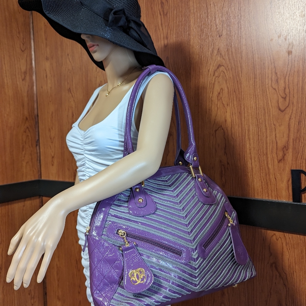 💜 SHARIF 1827 - PURPLE/GREY PATENT LEATHER & SUEDE - LARGE SHOULDER TOTE, NWOT